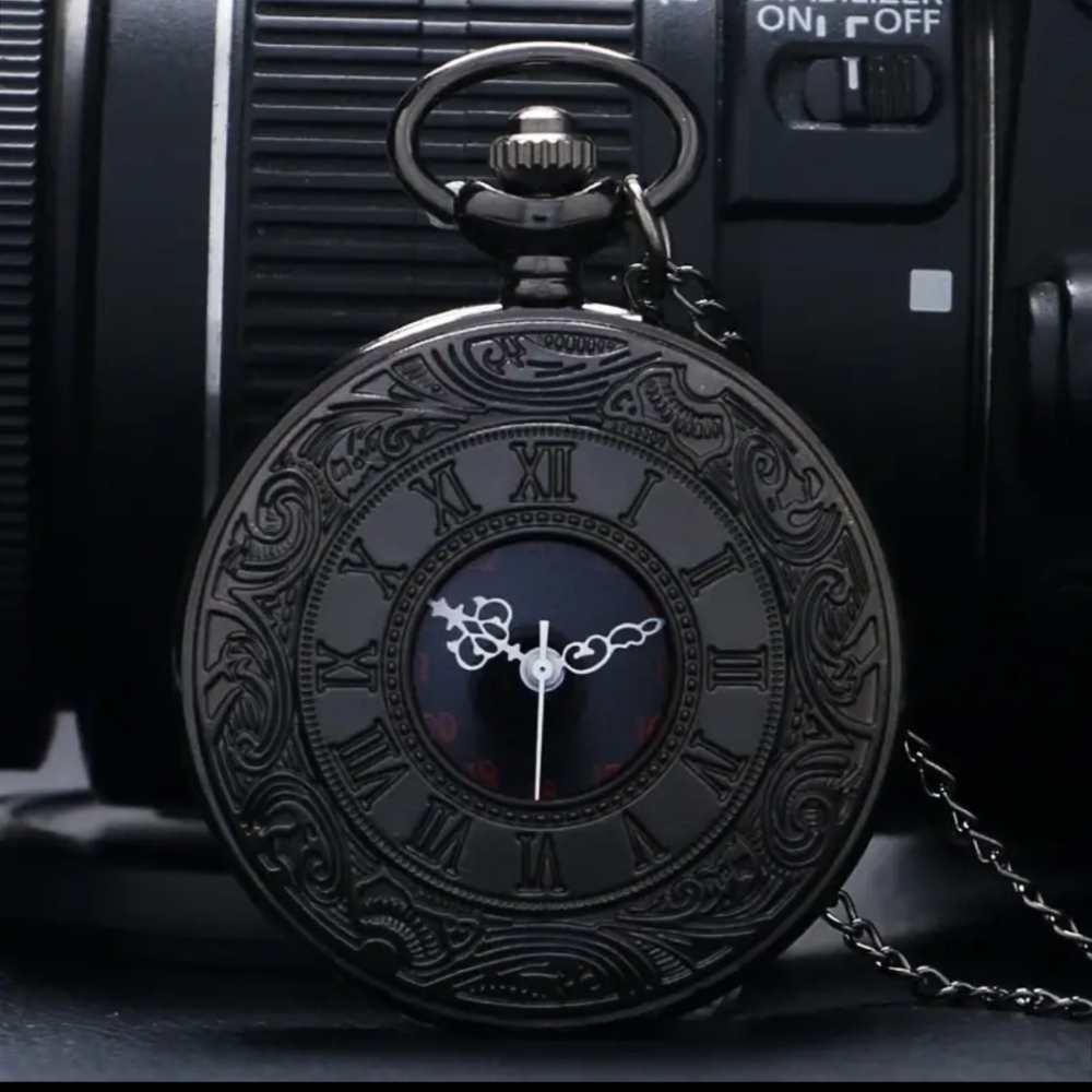 New men's black roman number pocket watch